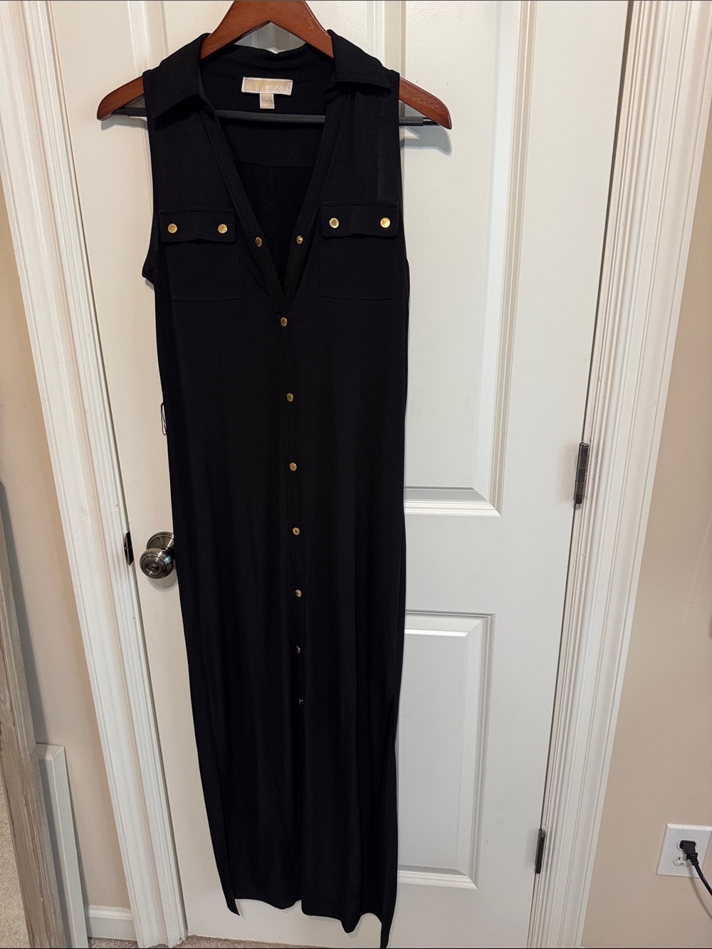 Michael Kors Black Sleeveless Button-Front Maxi Dress with Gold Buttons